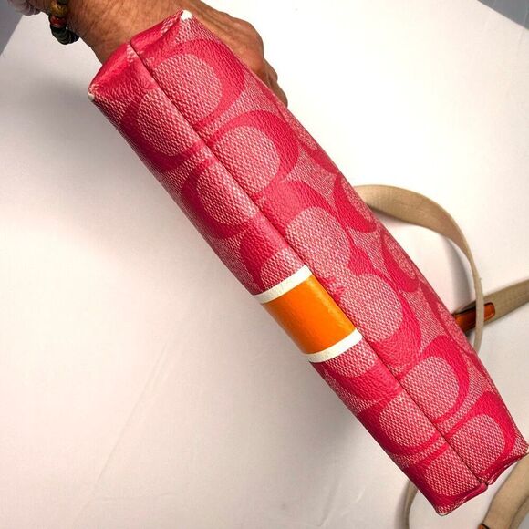 Coach Signature Stripe Crossbody Bag Pink Orange Canvas Leather Trim - Picture 5 of 8